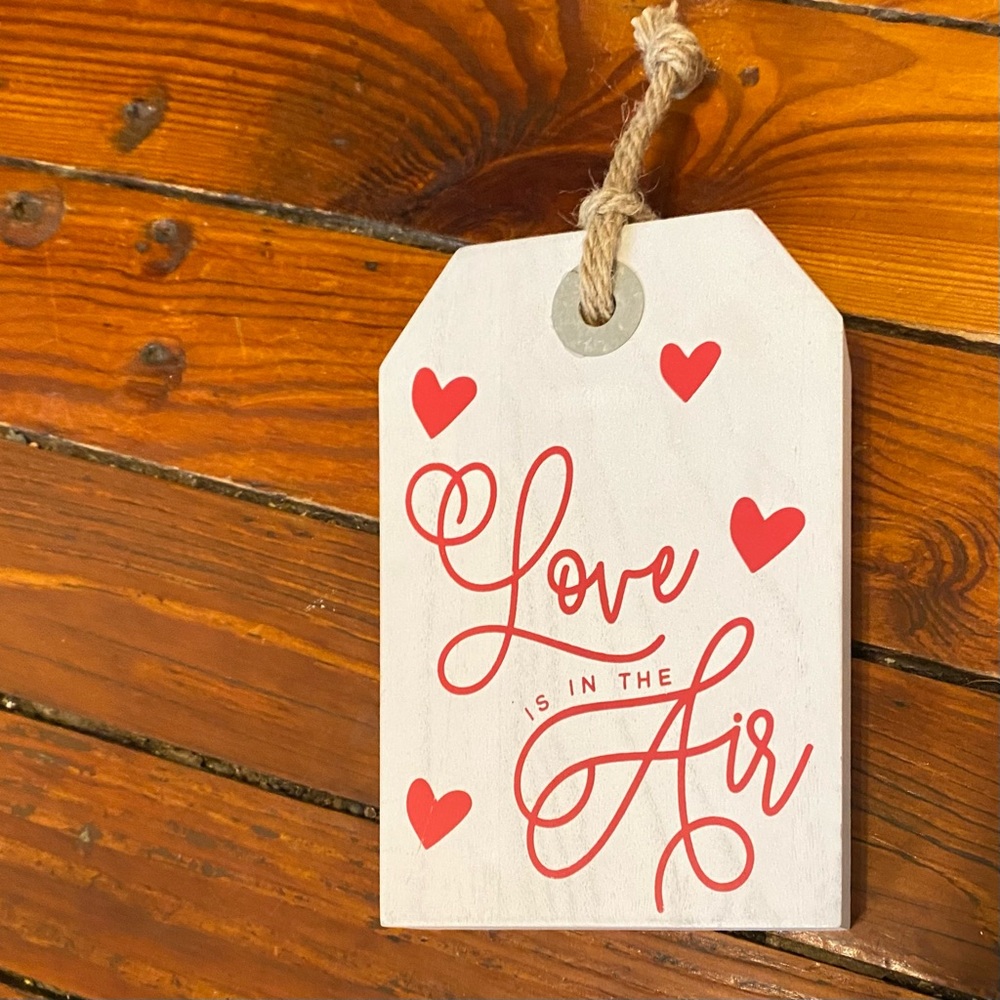 Wood Sign “Love is in the Air” white red heart sign NWT
